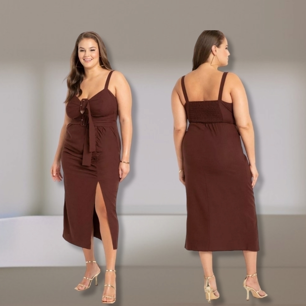 NWT ELOQUII LINEN MIDI DRESS IN CAPPUCCINO